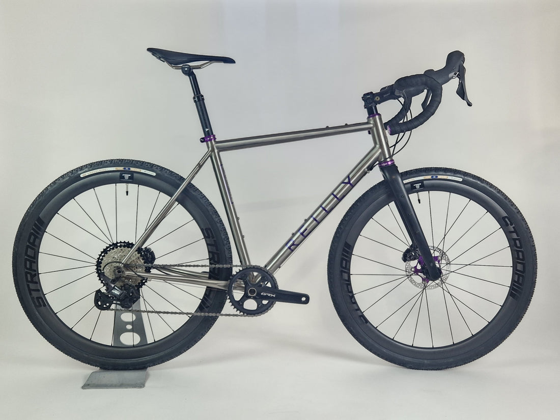 A titanium gravel bike with purple trim against a white background.