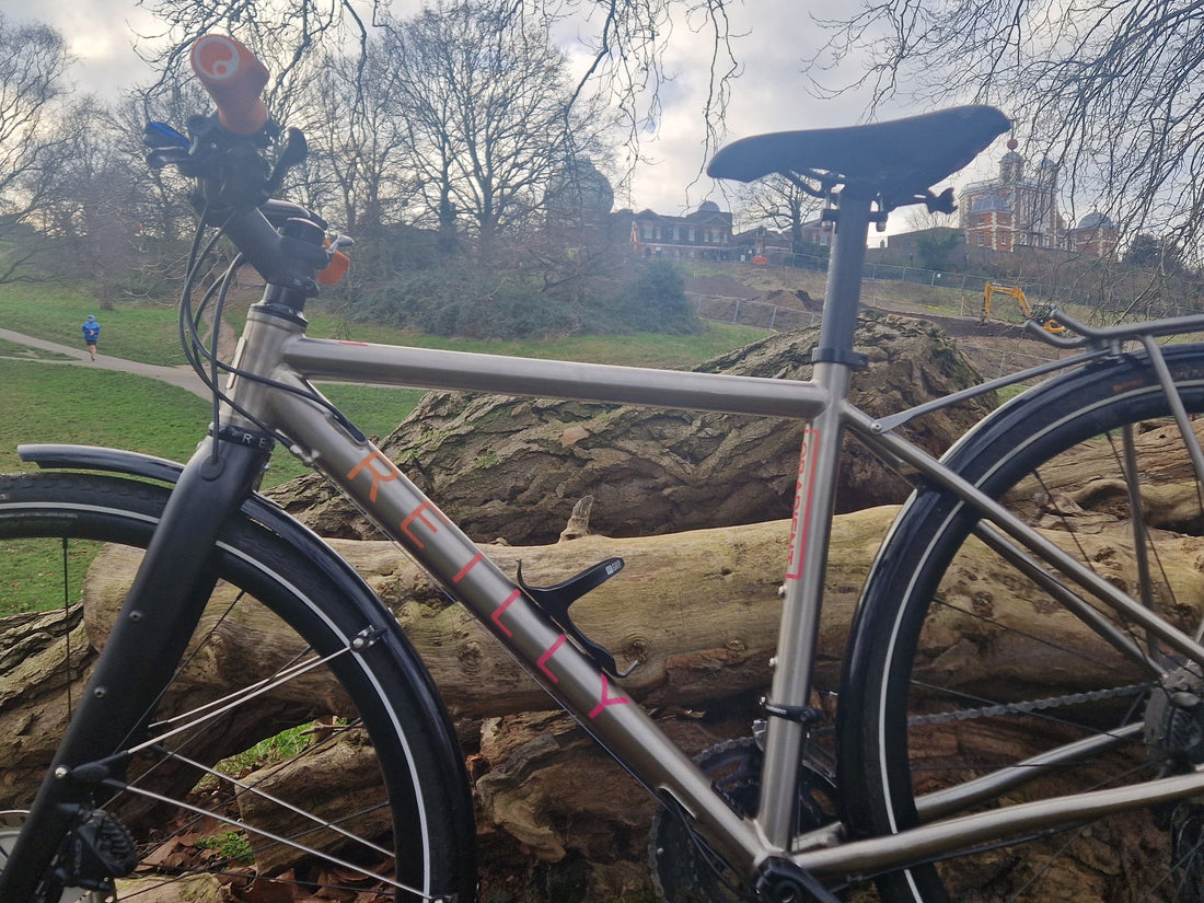 A titanium bike resting on a log in a park.