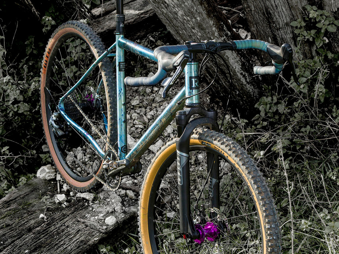 An adventure bike with full suspension fork and heavy duty gravel tyres on a tree root.