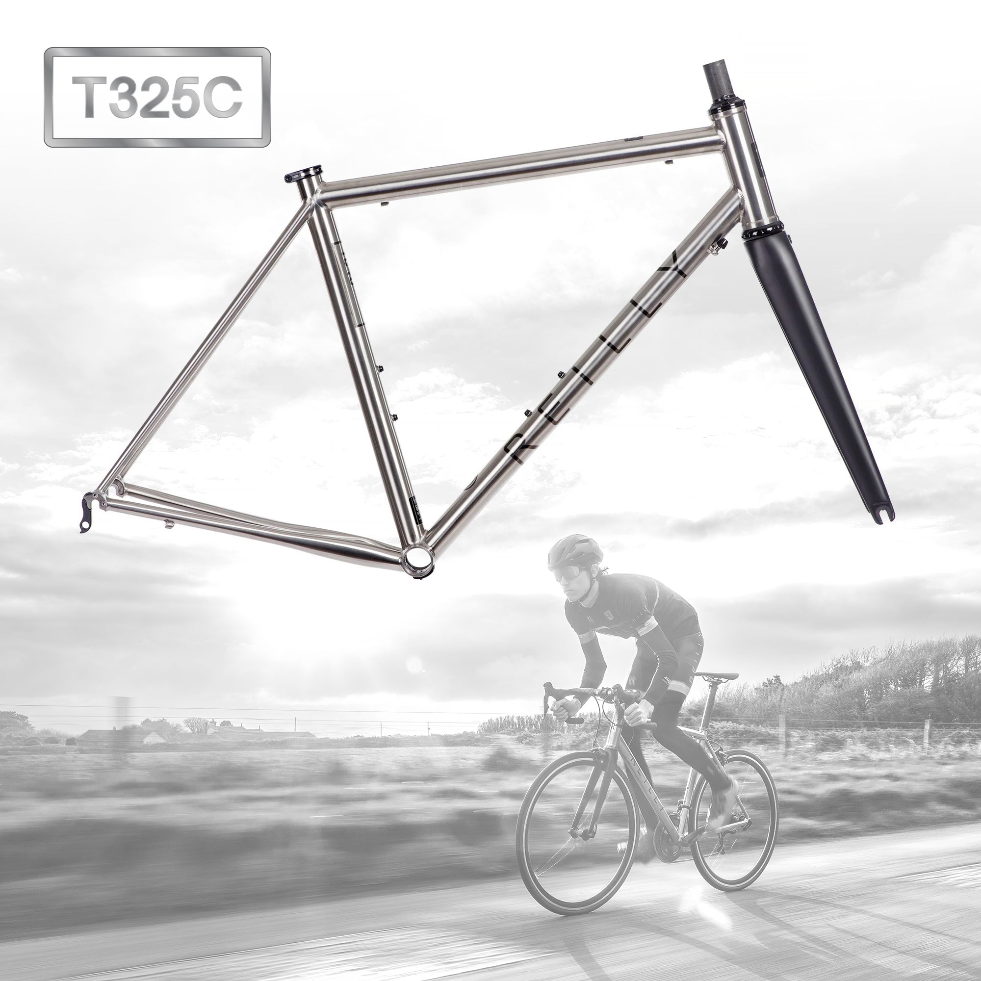 A T325 frameset with a cyclist in the background in black and white.