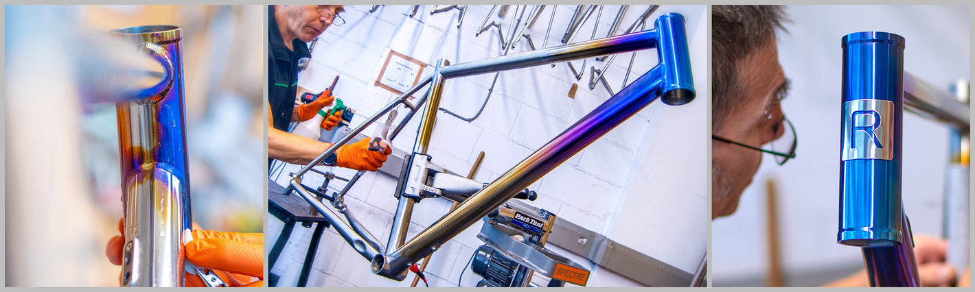 Three images detailing the anodising process for a titanium bike frame.